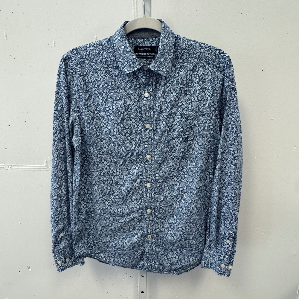 Nautica Mens Blue Floral Long Sleeve Button Down Shirt Classic Fit Stretch XS